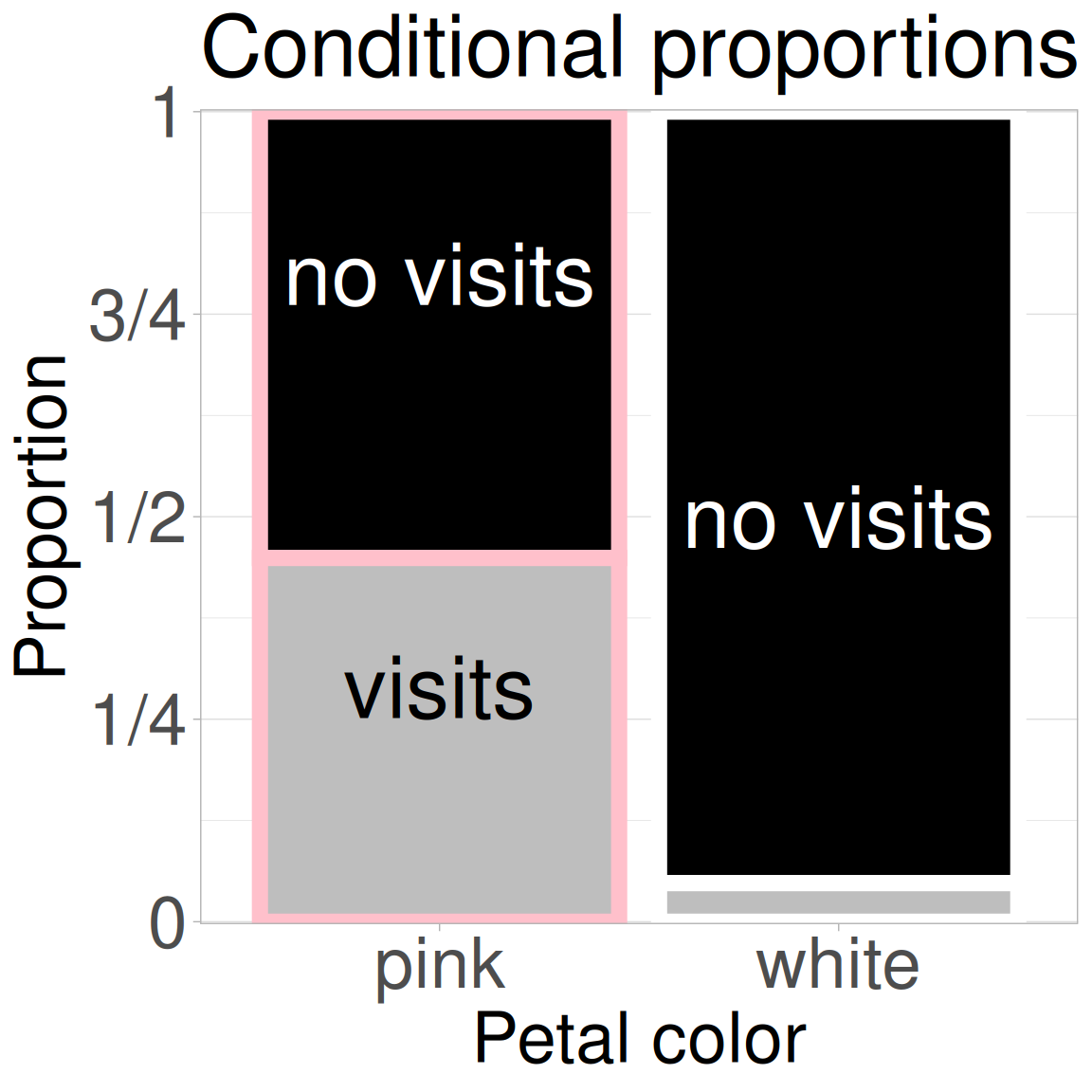 A bar plot showing the relationship between petal color (pink or white) and pollinator visitation (visited or not visited). Petal color is on the x-axis and proportion of flowers that were visited or not on the y-axis. This plot shows that pink flowers are more likely to be visited.