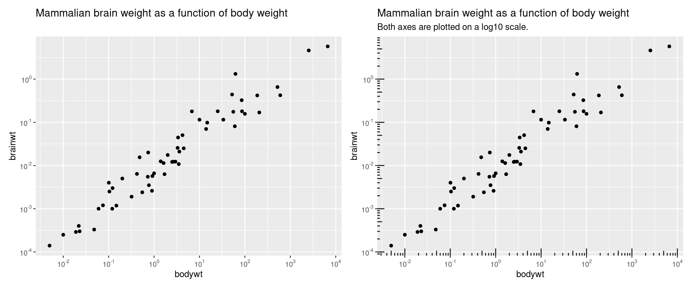 Two-panel scatterplot comparing brain weight to body weight for mammals, using log10 scales on both axes. Panel A uses labeled log10 breaks without tick marks. Panel B shows the same plot with small tick marks along the axes to reinforce the log scale visually.
