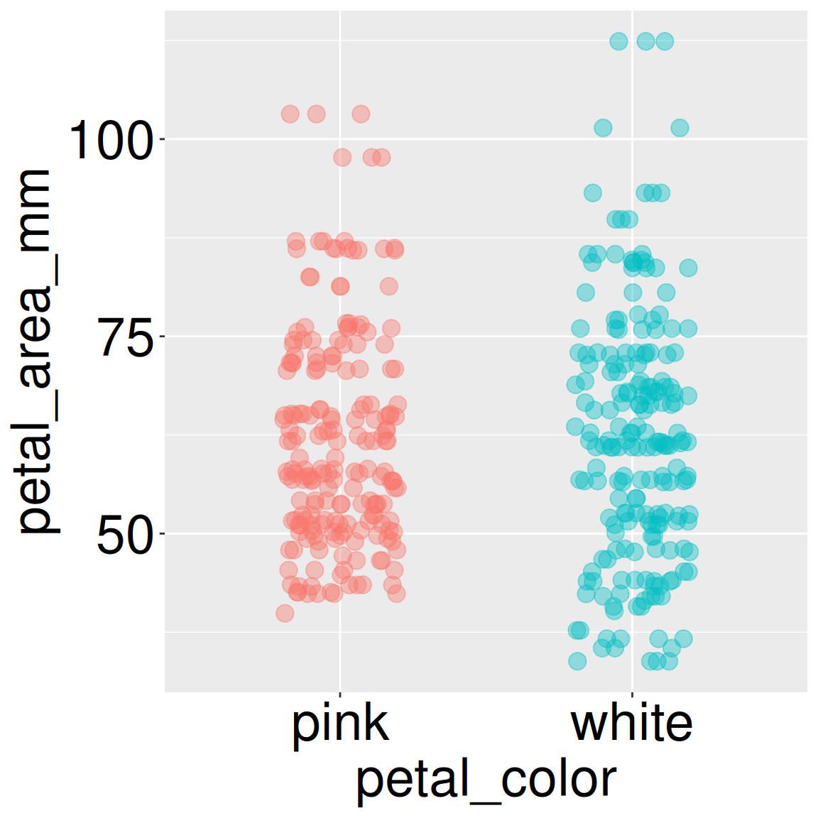 A jittered dot plot compares petal area for pink- and white-petaled RILs. Both groups contain many observations across a similar middle range of petal area, although white-petaled RILs extend somewhat farther toward both smaller and larger values.