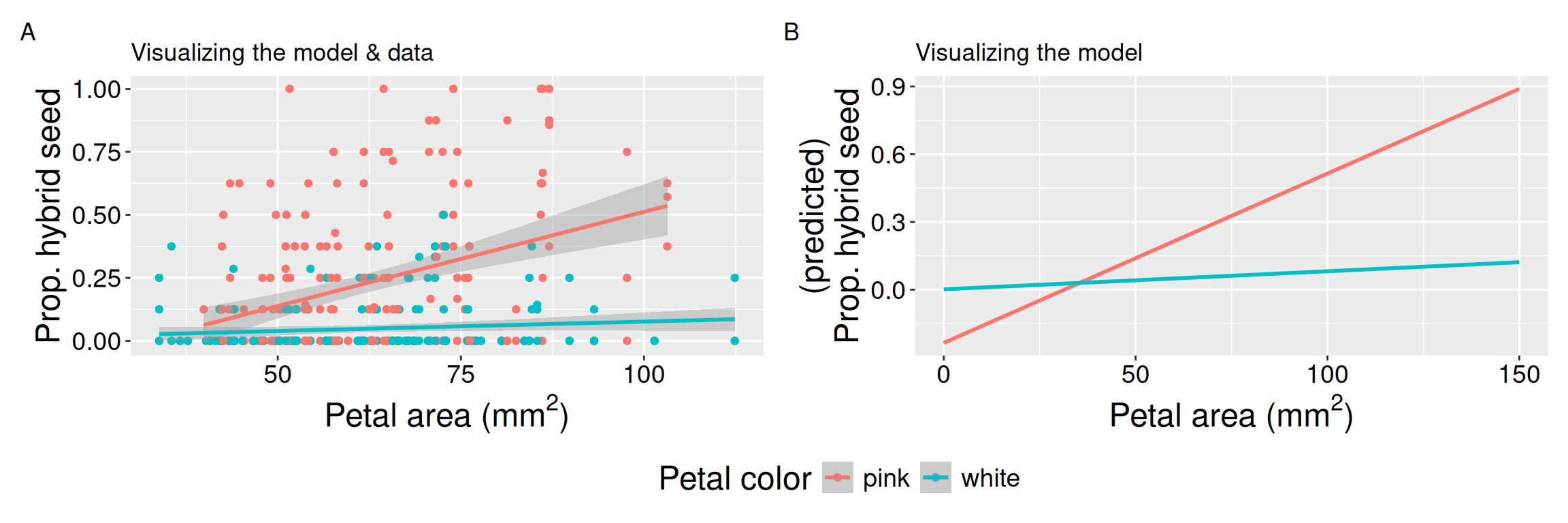 Two side-by-side plots compare observed and extrapolated interaction-model predictions. Panel A shows individual RILs and separate fitted lines for pink- and white-petaled flowers across the observed range of petal area; the pink line rises strongly while the white line is nearly flat. Panel B shows only the fitted lines extended to petal area zero, where the white line begins above the pink line before the lines cross outside or near the edge of the biologically relevant range.