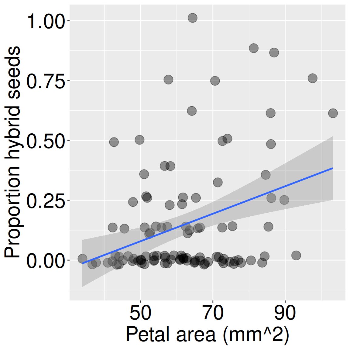 A scatterplot showing proportion hybrid seeds as a function of petal area in square millimeters for Clarkia parviflora RILs at the GC field site. The x-axis shows petal area, ranging roughly from 35 to 105 mm², and the y-axis shows proportion hybrid seeds from 0 to 1. Many observations have hybrid seed proportions near zero, especially at smaller and intermediate petal areas, but higher hybridization values occur more often at larger petal areas. A fitted linear regression line slopes upward, with a gray confidence band that widens toward the edges, indicating a positive association between petal area and proportion hybrid seeds.