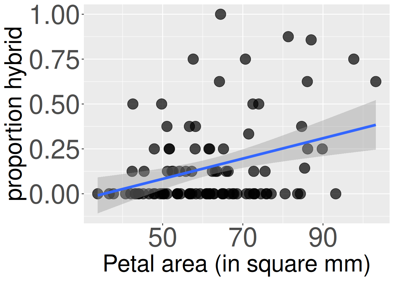 A scatter plot with petal area (in square mm) on the x-axis and proportion hybrid on the y-axis. The data points show a positive but noisy trend, with many points clustered near a proportion hybrid of zero. A solid blue line of best fit with a positive slope is drawn through the data, enclosed by a light gray, shaded confidence band.