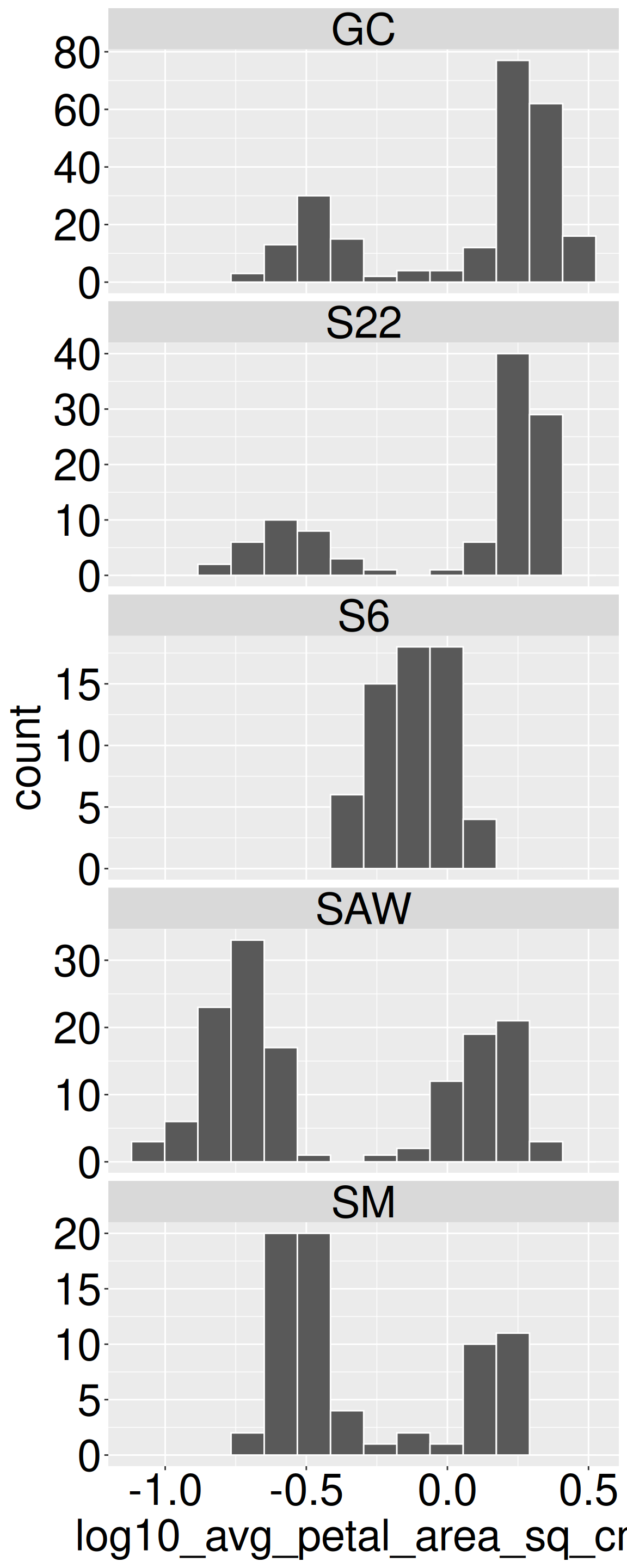 The image presents a faceted histogram showing the distribution of log10-transformed average petal area (sq. cm) across five populations of Clarkia xantiana (GC, S22, S6, SAW, SM), with each population represented in a separate panel labeled at the top. The y-axis indicates count (frequency of observations), while the x-axis represents log10-transformed petal area. The distribution varies across populations, with GC, S22, SAW and SM exhibiting a bimodal pattern, featuring peaks around -0.5 and 0.25. By contrast S6 is right-skewed, with most values concentrated near 0 and a tail extending toward smaller values. This visualization highlights population-level variation in petal size distributions, suggesting potential genetic or environmental influences on floral trait differentiation.