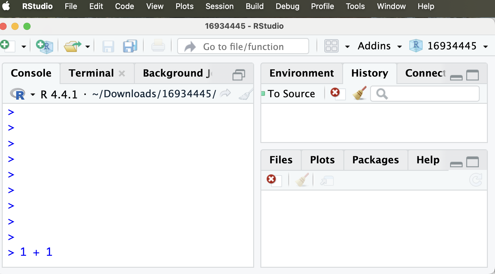 Another screenshot of the RStudio interface. Now 1 + 1 is written at the bottom of the console pane, but the other panes are unchanged.