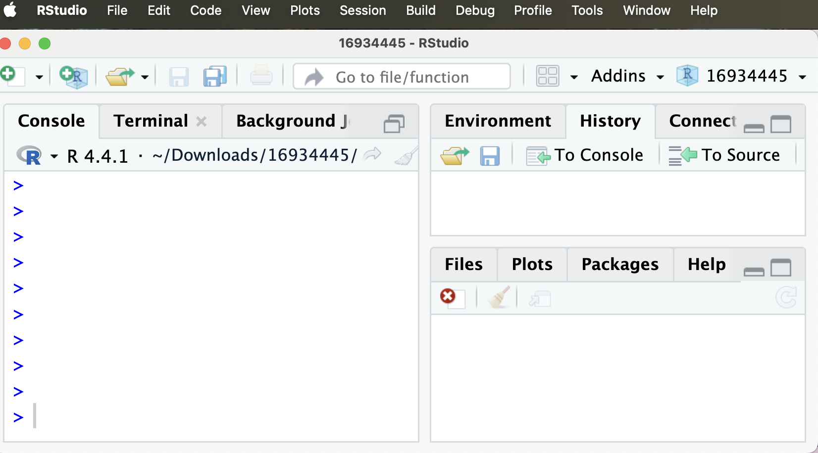 A screenshot of the RStudio interface. The Console pane on the left displays several > prompts, showing an empty R session.