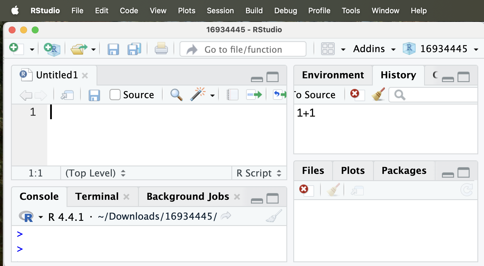 Screenshot of RStudio showing a new, blank R script opened in the top-left pane titled Untitled1, with the Console below and Environment, Files, Plots, and Packages panes on the right.