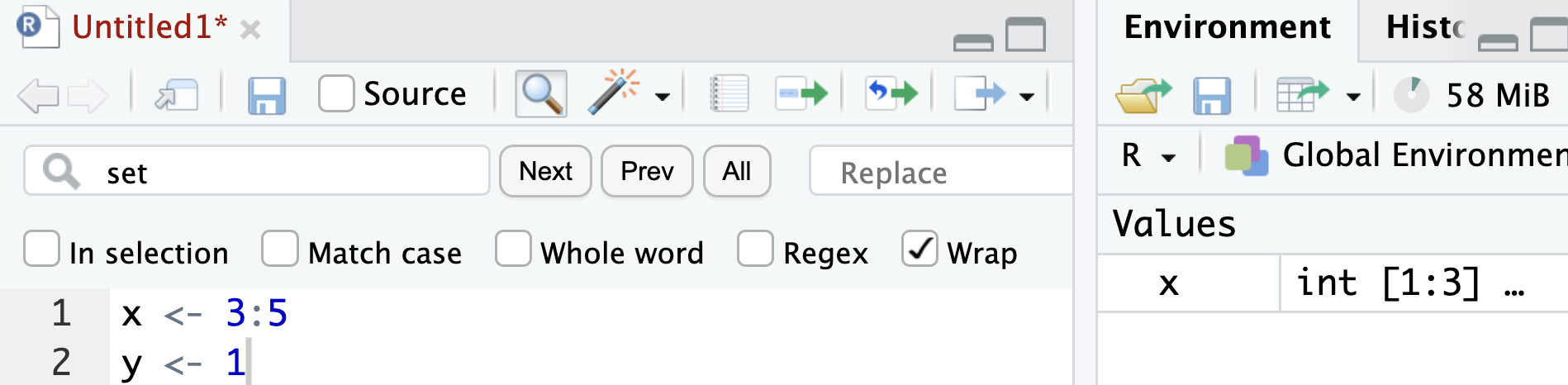 RStudio screenshot showing x <- 3:5 and y <- 1 in a script. The Global Environment lists only x as an integer vector of length 3.
