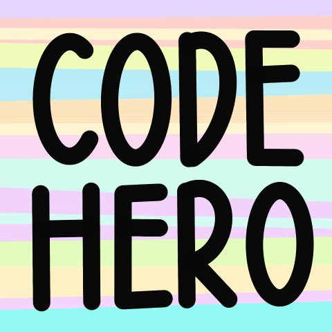 Animated gif with pastel lines in the background. The words "CODE HERO" in bold black text scroll across repeatedly.