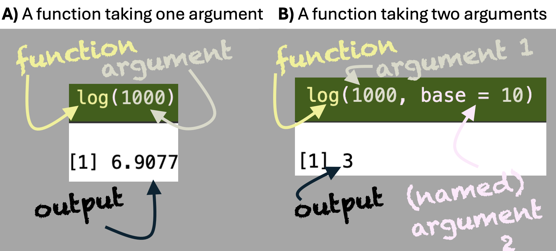 Panel A is titled "A function taking one argument." It shows the code log(1000) in a green box, with arrows labeling “function” pointing to log and “argument” pointing to 1000. Below, the output [1] 6.9077 is shown, with an arrow labeled "output." Panel B is titled "A function taking two arguments." It shows log(1000, base = 10) in a green box. Arrows label log as the function, 1000 as argument 1, and base = 10 as a named second argument. Below, the output [1] 3 is shown with an arrow labeled "output."