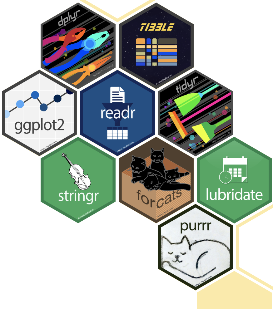 A collection of hexagonal stickers representing popular packages in the Tidyverse, an ecosystem of R packages for data science. Each hex showcases a different package: dplyr (pliers illustration), tibble (stylized data table in a space theme), ggplot2 (scatterplot icon), readr (document and table icon), tidyr (highlighters zooming through space), stringr (violin), forcats (three black cats in a box), lubridate (calendar and clock), and purrr (a peacefully sleeping cat). The hexes are arranged in a honeycomb pattern.