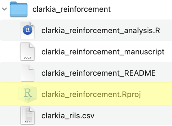 Screenshot of a project folder named "clarkia_reinforcement" displaying files including an R script, manuscript document, README, R project file (.Rproj), and a CSV dataset. The .Rproj file is highlighted to emphasize its role in organizing the project and enabling reproducible analyses.
