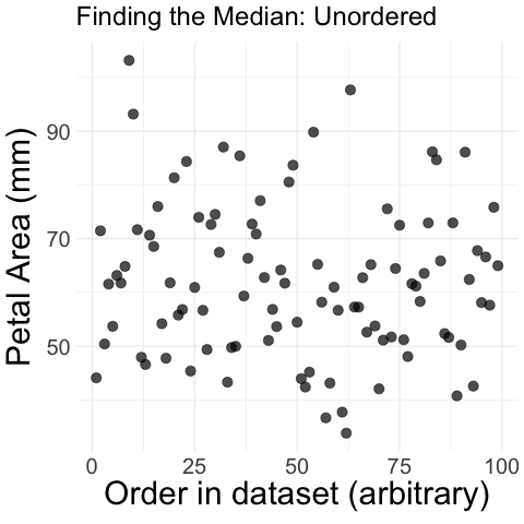 An animated scatter plot illustrating the process of finding the median petal area (mm) in Clarkia. The animation starts with randomly ordered points, labeled along the x-axis as 'Order in dataset (arbitrary)' and petal area values on the y-axis. The points are then sorted from smallest to largest along the x-axis, with a vertical dashed line appearing at the median. A text label appears, highlighting the median value, which remains fixed as the final dataset is fully sorted.