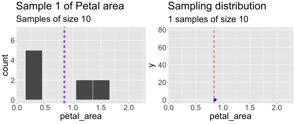 An animation with two plots that build up over time. The left plot repeatedly shows histograms of new 10-observation samples, each with a blue dashed line for its mean. The right plot accumulates the blue mean from each sample as a single dot. As the animation progresses through 500 samples, the dots on the right form a histogram-like distribution around a fixed, vertical red line, which is present in both plots.