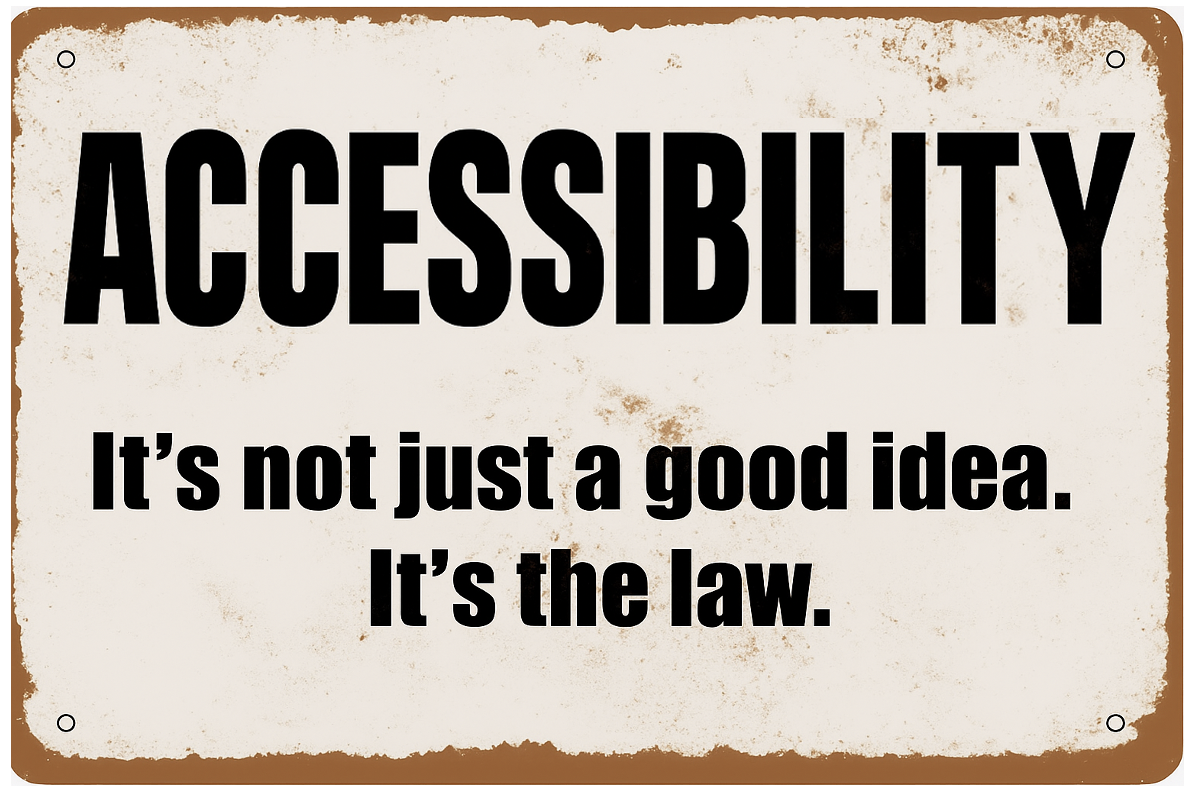 A faux-vintage sign reading 'ACCESSIBILITY: It’s not just a good idea. It’s the law.'